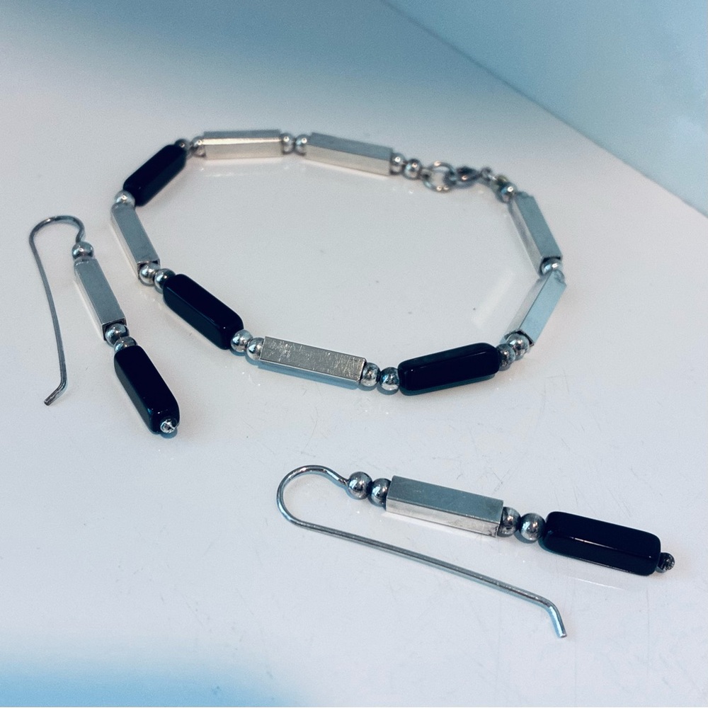 925 Sterling Silver and Onyx Bracelet and Earrings, 1970’s.